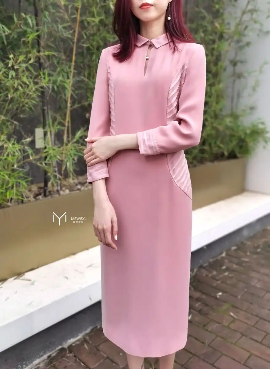 复古褶皱长袖小方领连衣裙