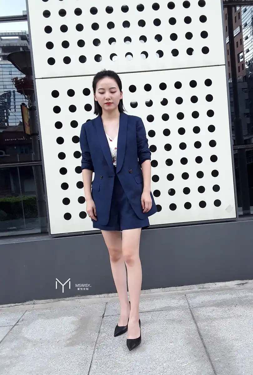 藏青色亚麻青果领休闲女式西装