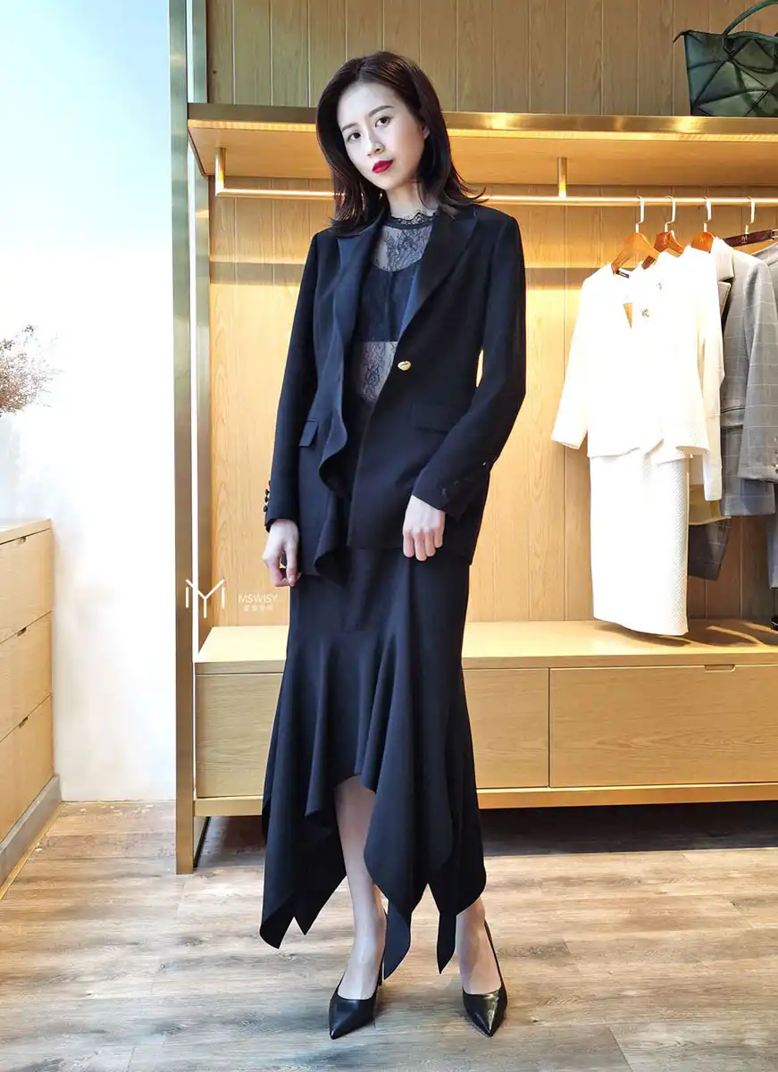 不对称木耳边门襟西装