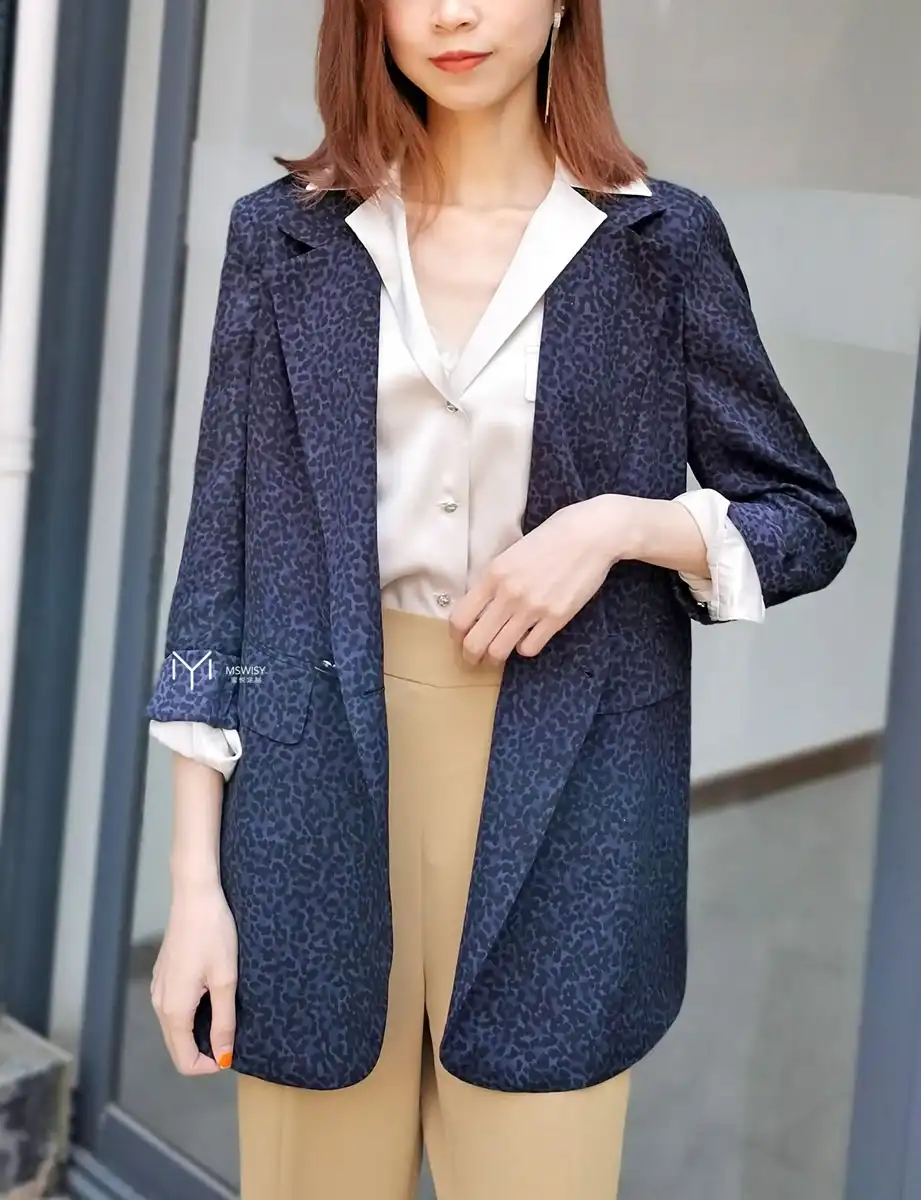 紫色豹纹真丝加长女式西装