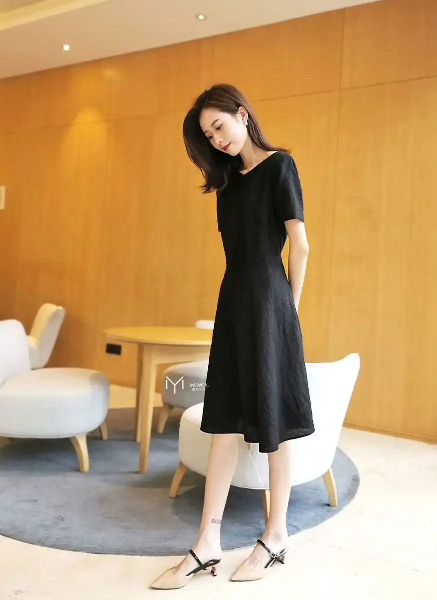 提花丝麻短袖简约连衣裙