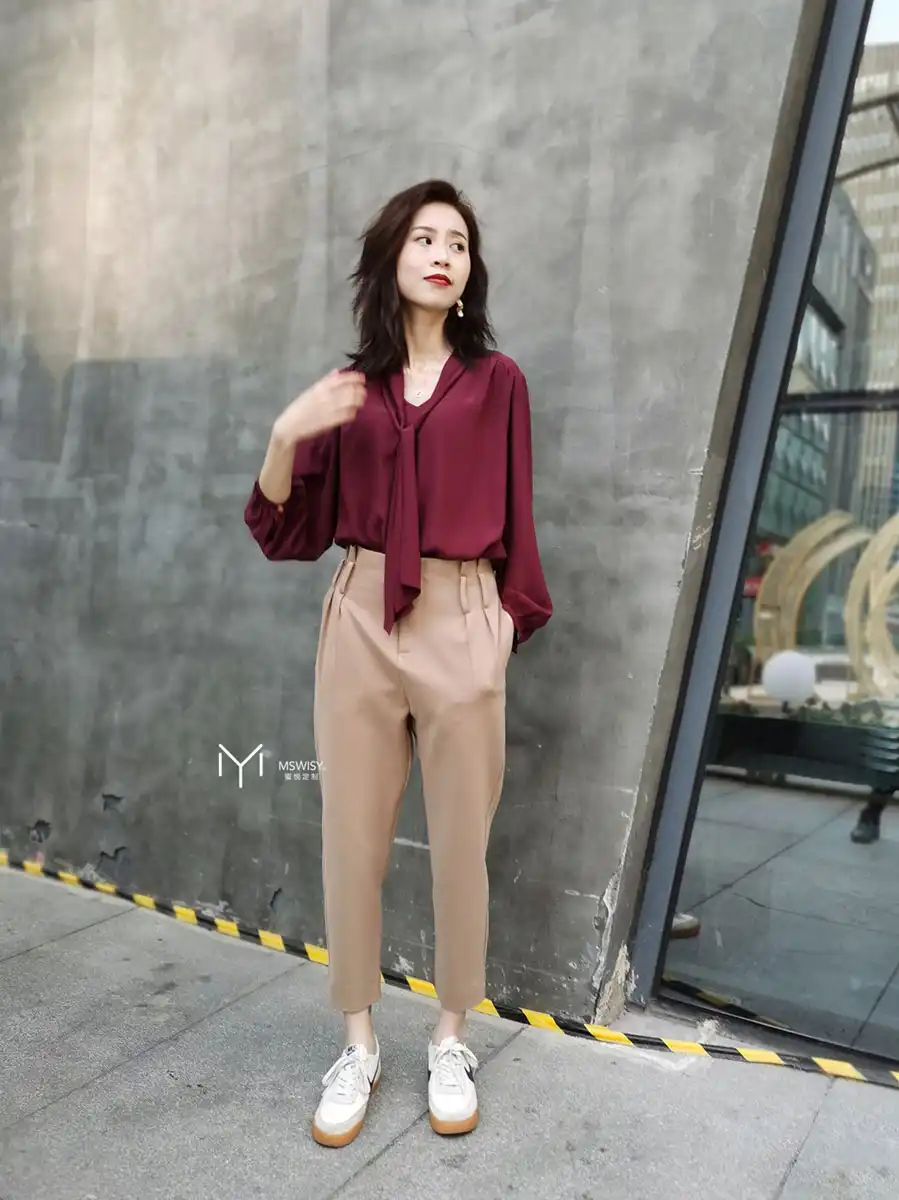 雪纺V领飘带八分袖衬衣