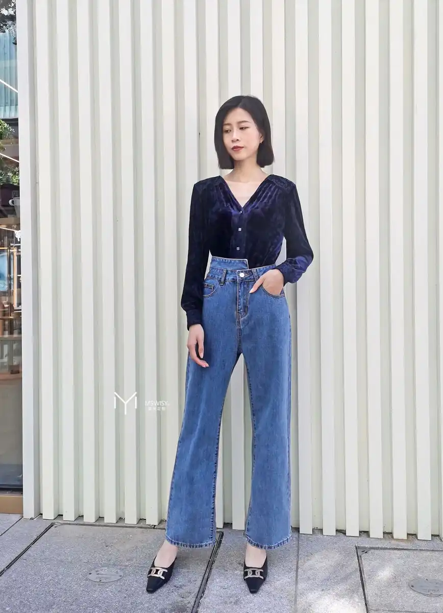 宝蓝色丝绒拼蕾丝V领女式衬衣