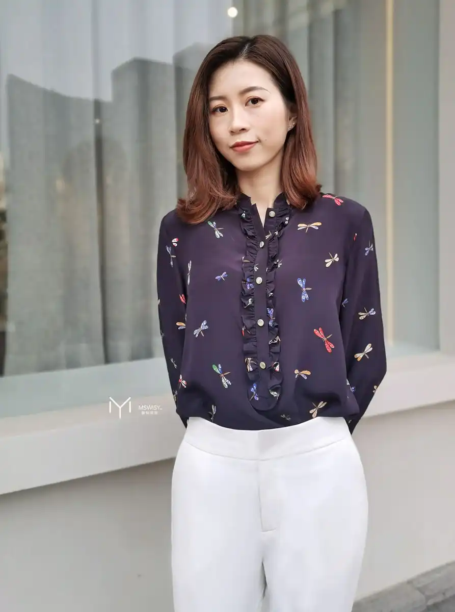 印花套头木耳花边立领重磅真丝女士衬衣