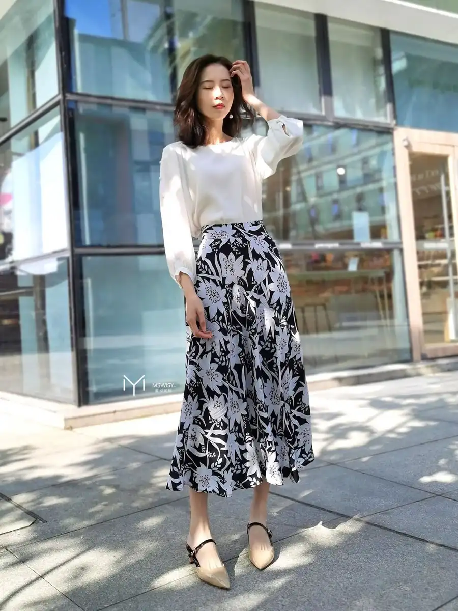 真丝印花大摆半裙