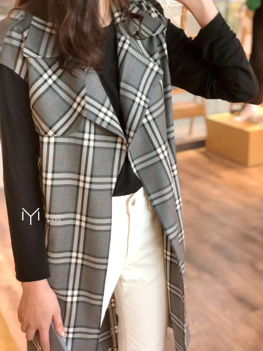 羊毛格纹无袖系腰带长风衣